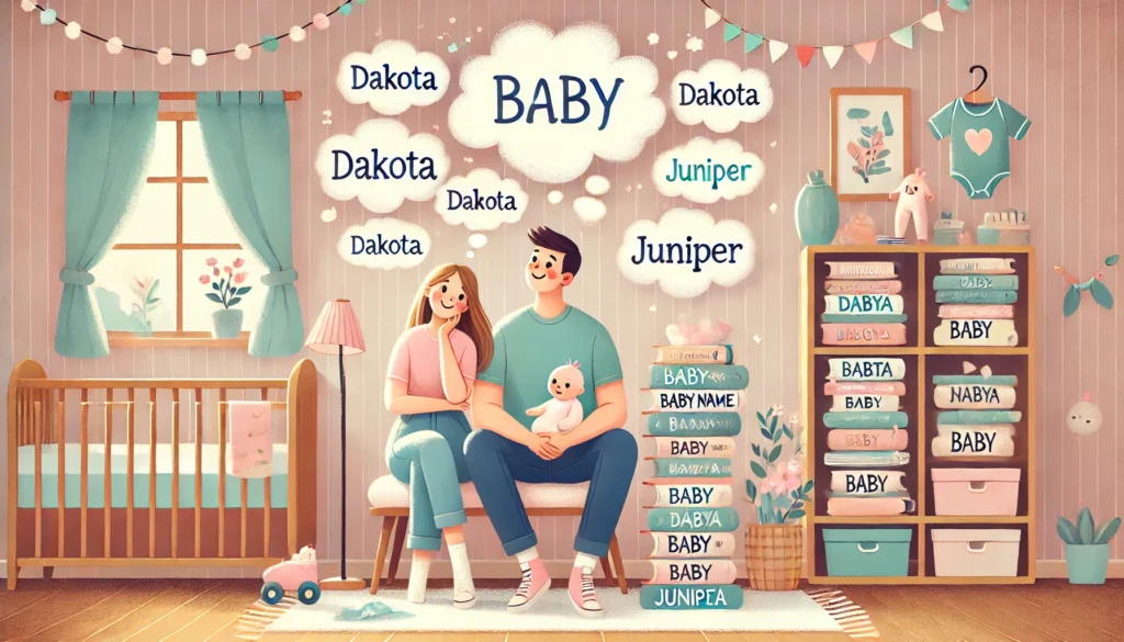 Illustration of parents brainstorming baby names like 'Dakota' and 'Juniper' in a cozy nursery, representing baby name trends in 2024