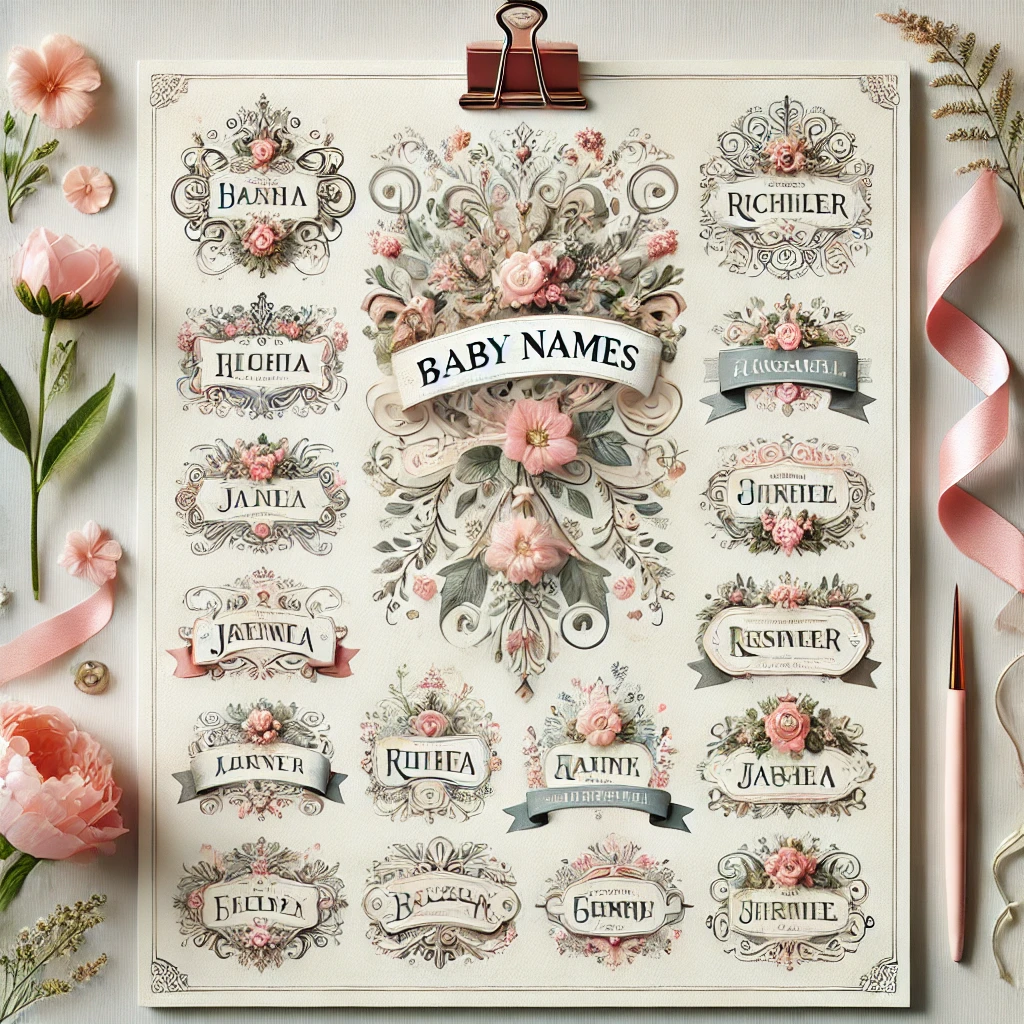 Image showing unique baby name pairings with elegant floral designs, offering middle name ideas for American-origin names
