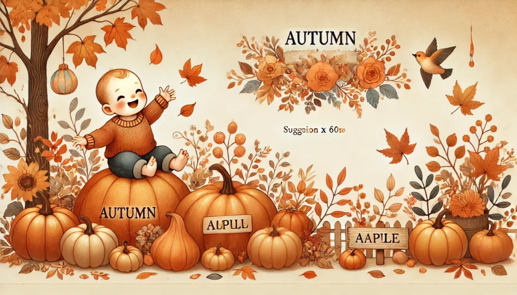 Autumn-themed illustration of a baby surrounded by pumpkins and leaves, highlighting seasonal baby names like 'Autumn' and 'Maple