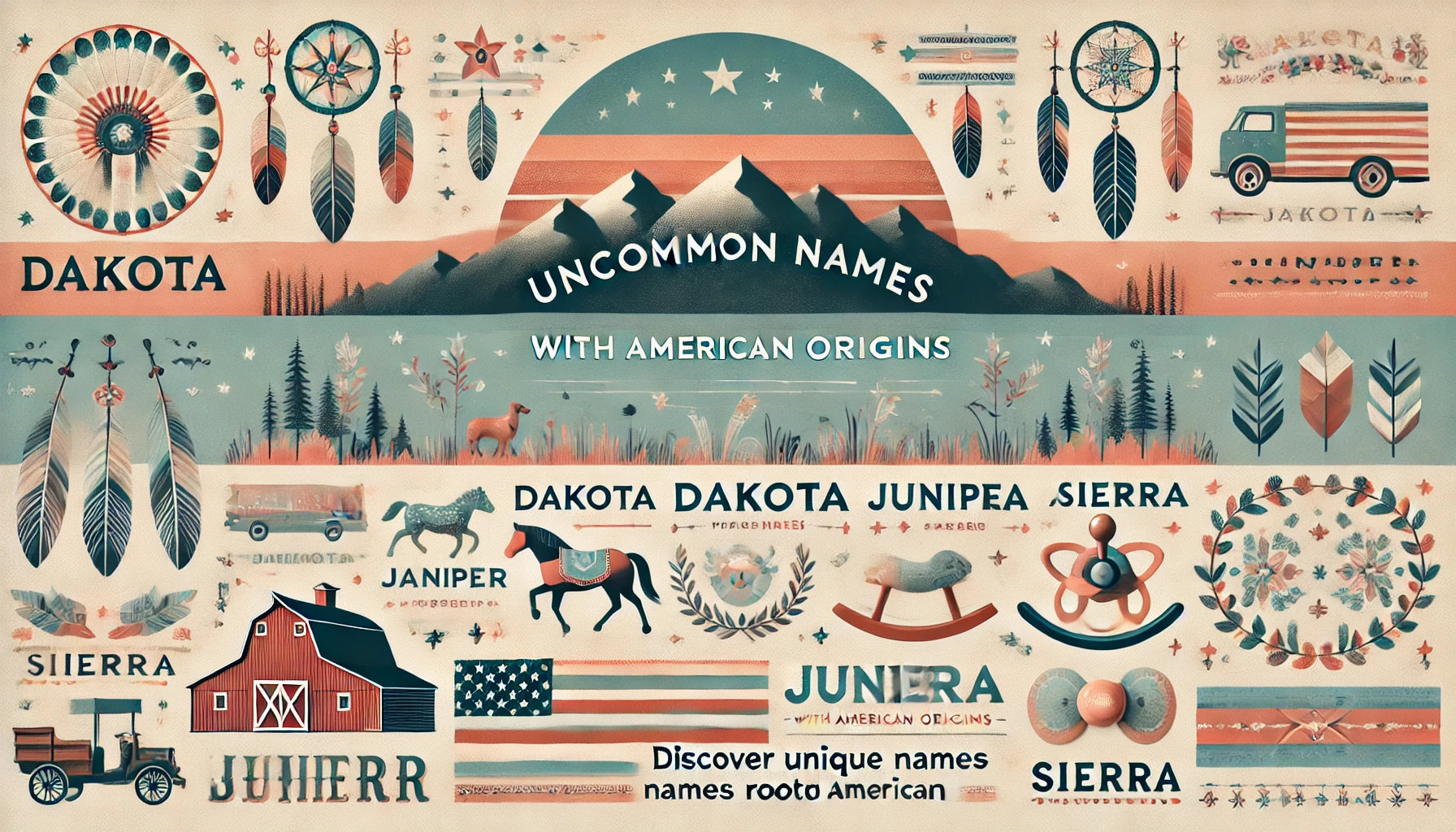 Feature image for blog 'Uncommon Names with American Origins,' featuring elegant typography, American cultural patterns, and baby name icons on a pastel gradient background.