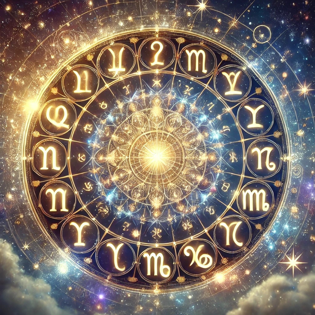 showing a numerology chart overlaid on a zodiac wheel. Include glowing numbers and stars, with a magical aura to symbolize the interplay of numbers and astrology