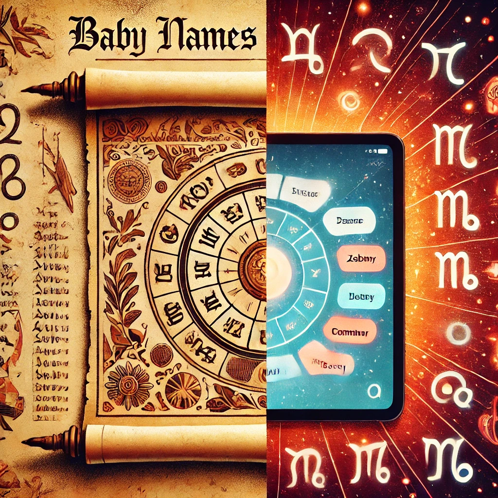 illustration: one side showcasing ancient scrolls with zodiac symbols and traditional baby names, and the other side displaying a modern tablet with contemporary baby names and zodiac icons