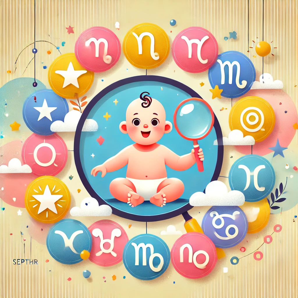 image with a baby holding a magnifying glass, surrounded by floating zodiac symbols. Use bright and cheerful colors to invite exploration and learning.