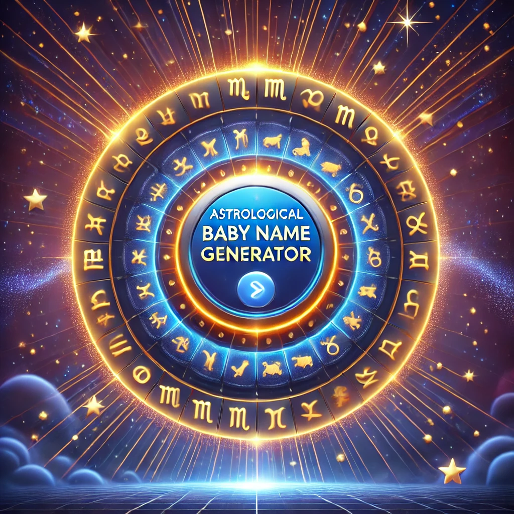 Astrological Baby Name Generator' button surrounded by a zodiac wheel and star trails. Make it look interactive and inviting, with a futuristic design that complements the celestial theme