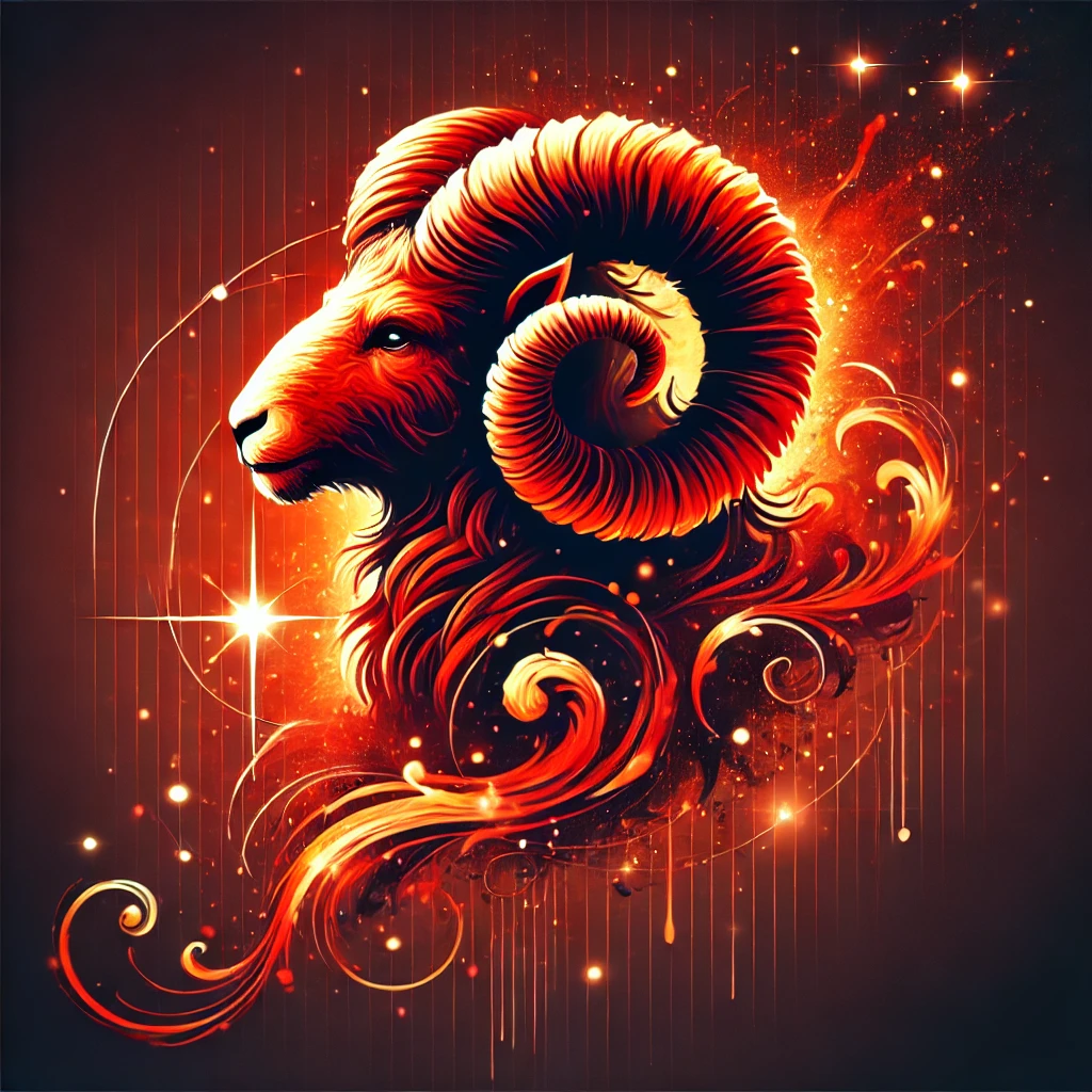 Aries zodiac symbol (ram) with a fiery and bold theme. Include vibrant red and orange hues, with subtle star constellations in the background.