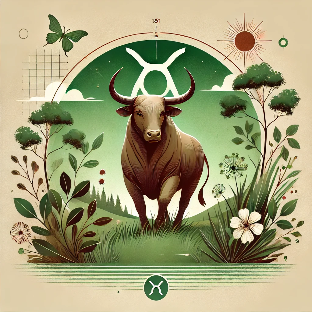 Taurus zodiac symbol (bull) in a natural, earthy setting. Use greens and browns, with elements like flowers and trees to reflect grounding energy