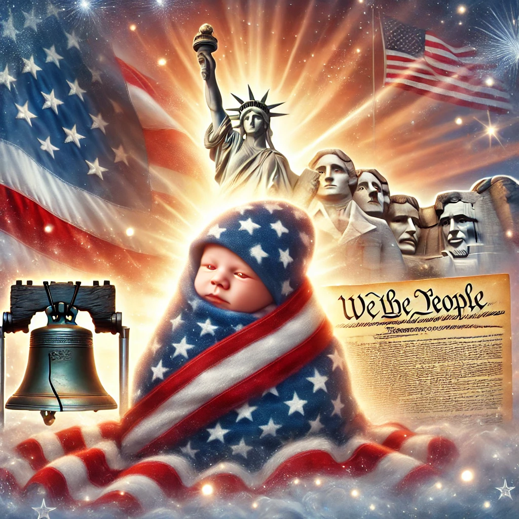 Baby wrapped in an American flag-themed blanket, with a glowing backdrop of the Liberty Bell, Declaration of Independence, and Mount Rushmore