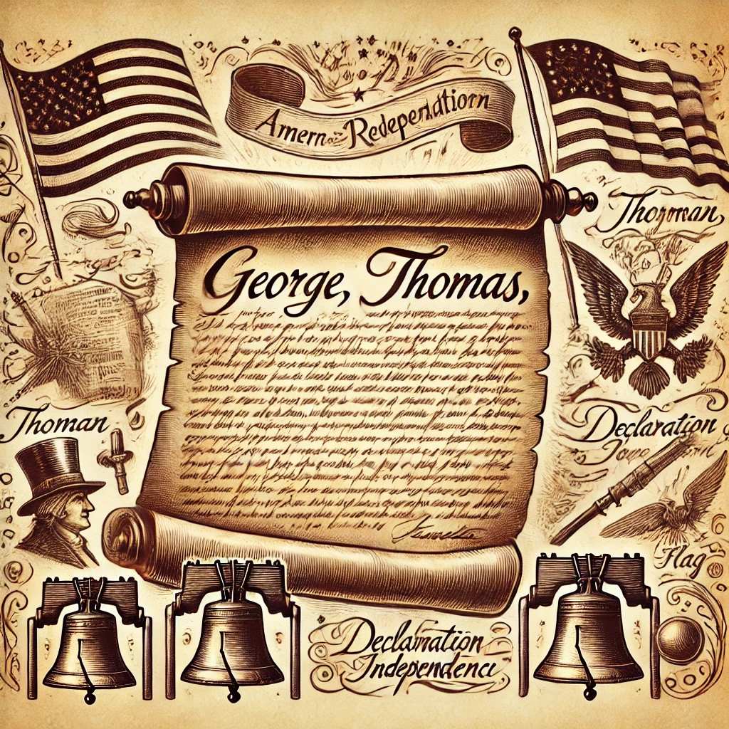 Vintage scroll displaying names like George, Thomas, and Benjamin, surrounded by sketches of the Liberty Bell, the Declaration of Independence, and the first American flag