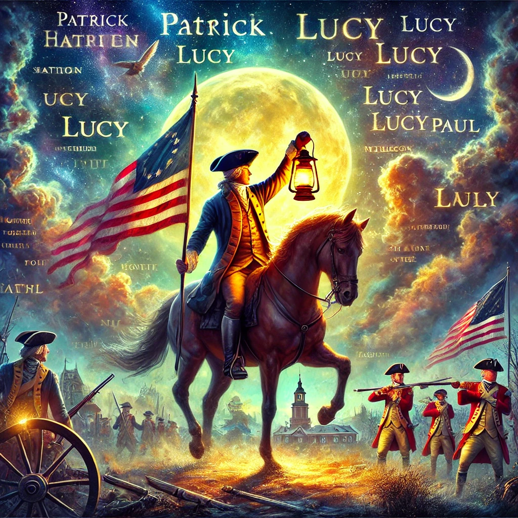 Digital painting of Paul Revere on horseback under a moonlit sky holding a lantern, with names like Patrick, Lucy, and Paul floating in the background