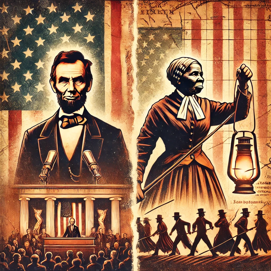 Split-screen image of Abraham Lincoln delivering the Gettysburg Address and Harriet Tubman leading enslaved people to freedom, with an earthy-toned historical map in the background