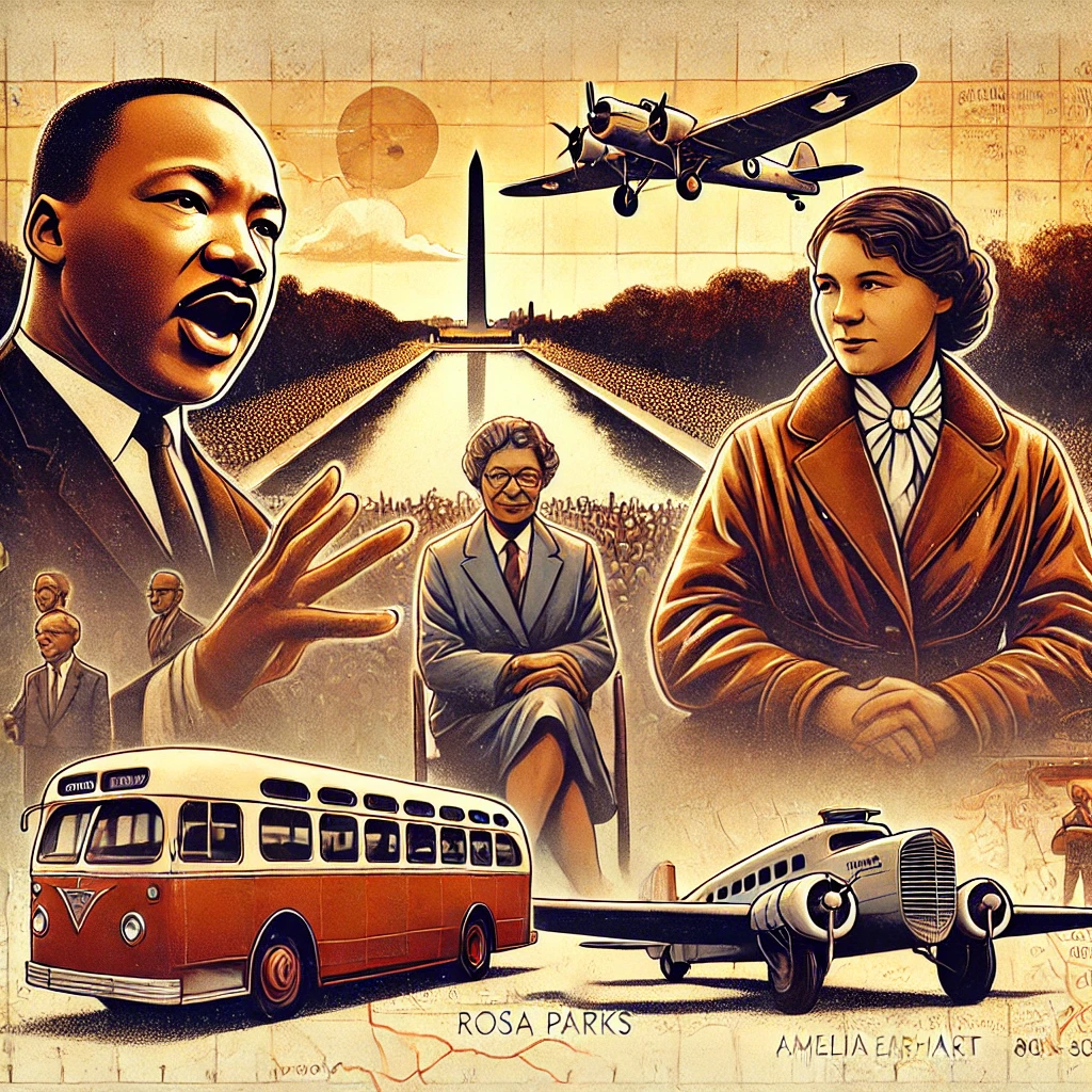 Timeline-style illustration featuring Martin Luther King Jr., Rosa Parks, and Amelia Earhart, with the March on Washington, a bus, and an airplane in the background.