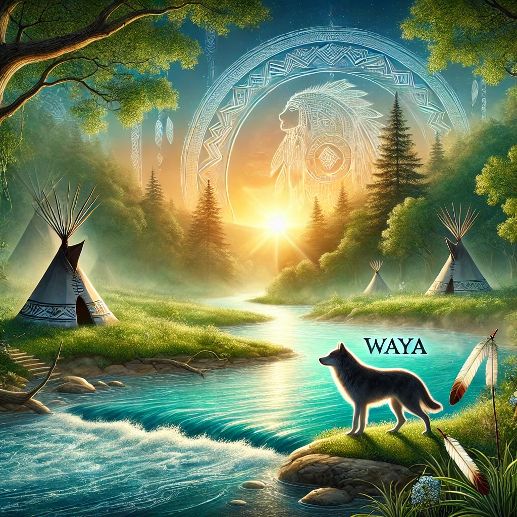 Ethereal landscape with a peaceful river, teepees, and a wolf representing the name Waya, with subtle imagery of Pocahontas and Tecumseh in the background