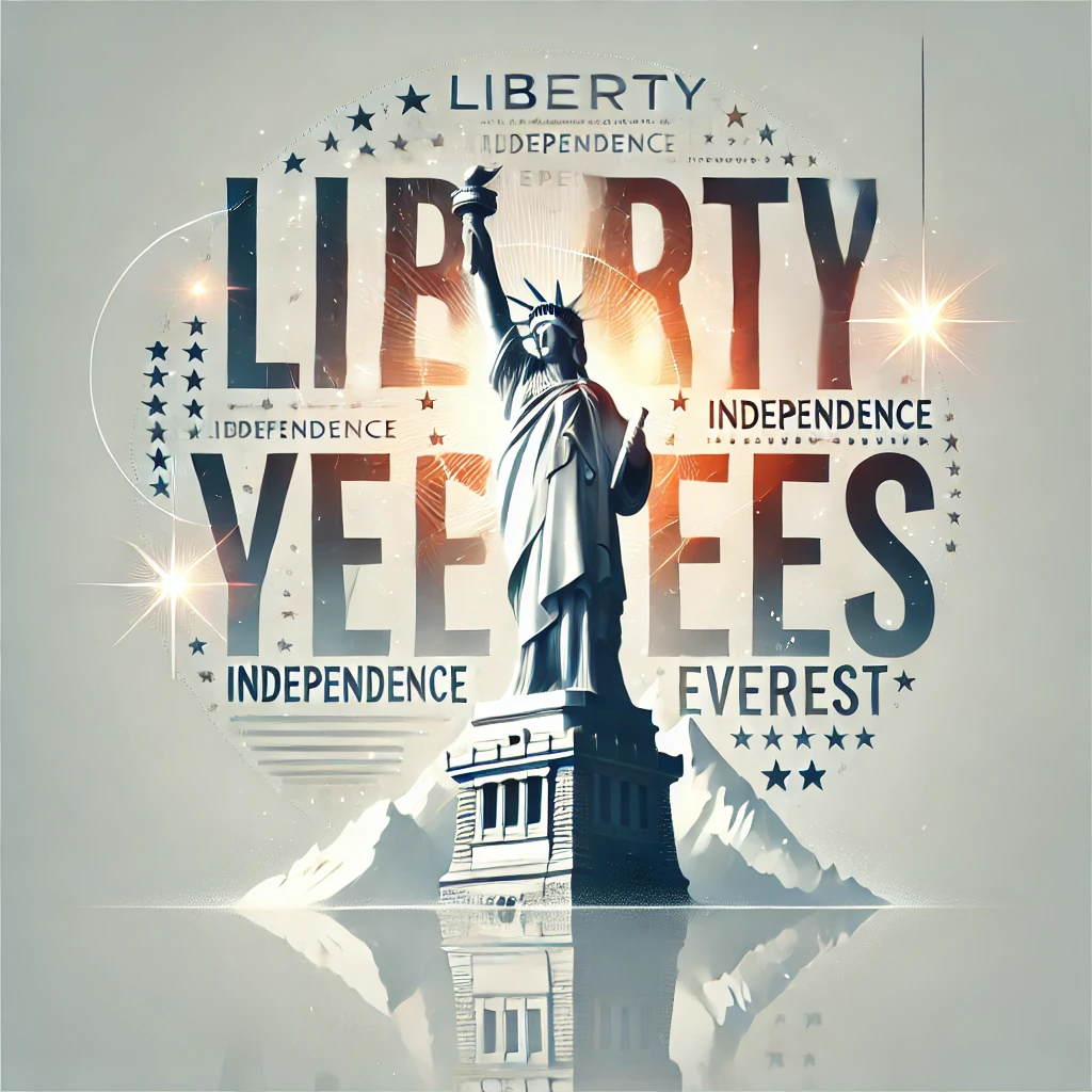 Minimalist image of the Statue of Liberty surrounded by glowing words like 'Liberty,' 'Independence,' and 'Everest,' with stars and stripes in the background
