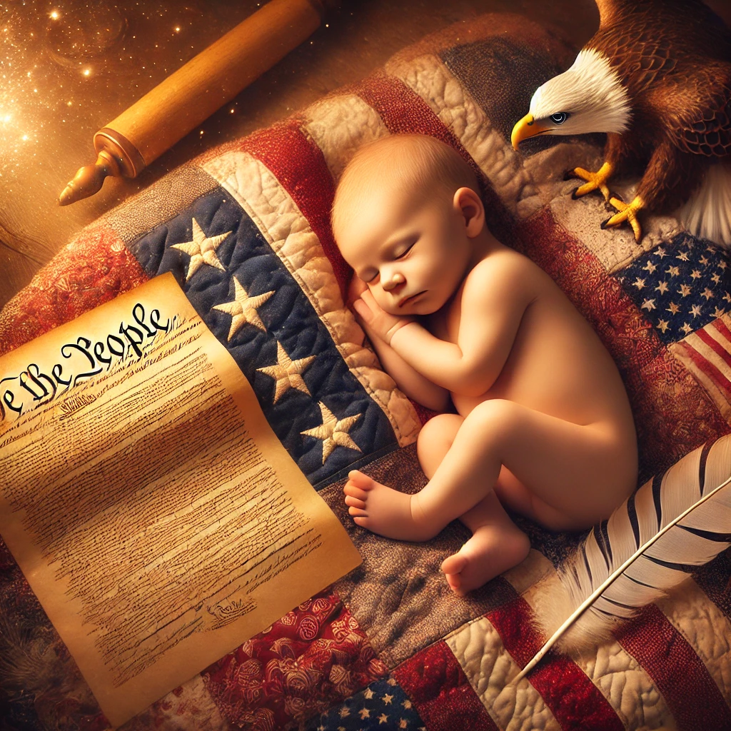 Baby sleeping on a quilt with American flag patterns, surrounded by symbolic items like a feather quill, the Constitution, and a bald eagle.