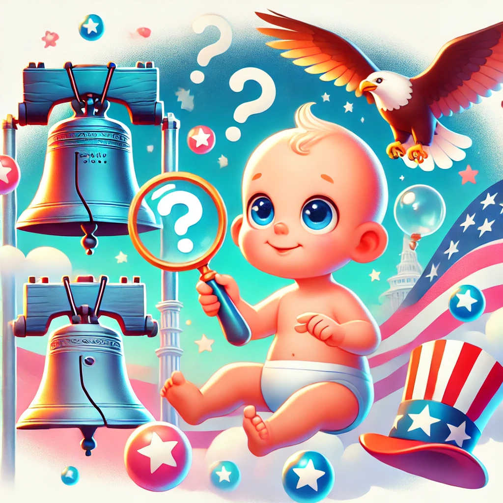Playful illustration of a baby holding a magnifying glass, surrounded by floating question marks and historical symbols like the Liberty Bell and a bald eagle