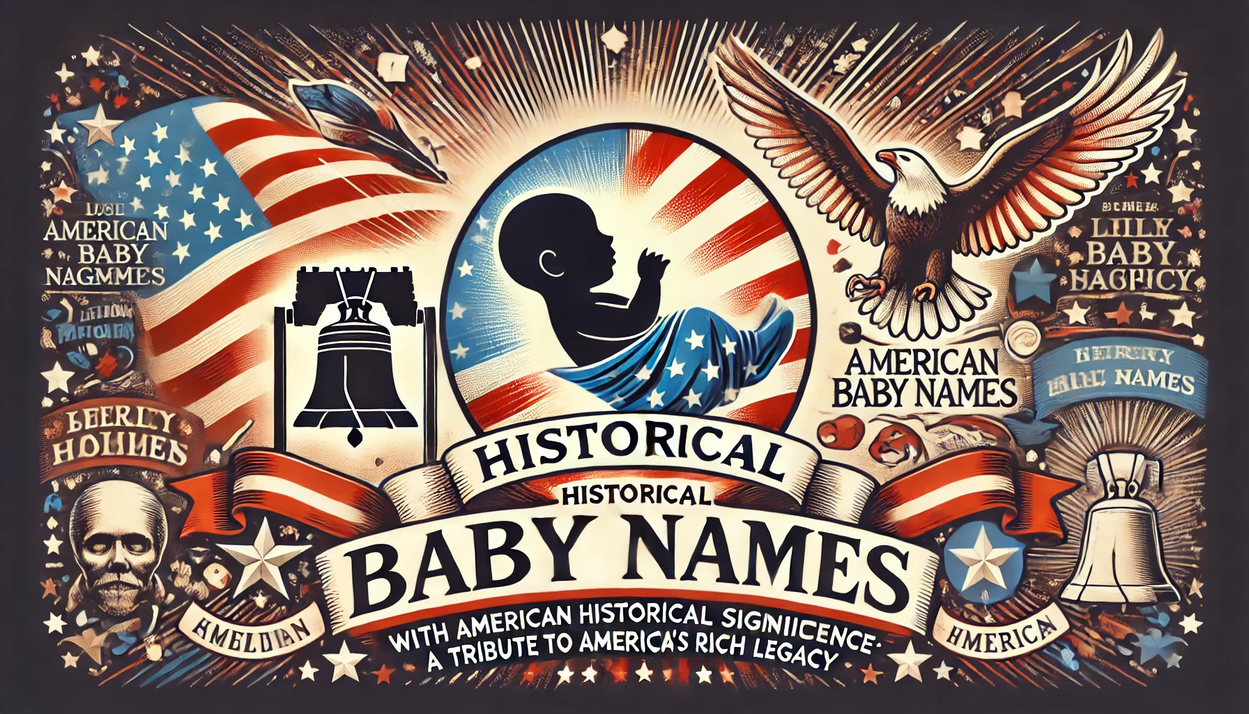 Thumbnail featuring a silhouette of a baby cradled by an American flag, with iconic American symbols like the Liberty Bell and an eagle in the background. Bold text reads 'Historical Baby Names' in a patriotic font, set against stars and stripes