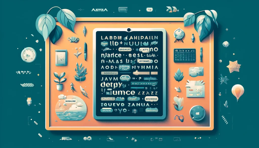 A modern and minimalistic illustration of a corkboard or digital board filled with unique baby names, styled with playful and elegant fonts. Surrounding the names are symbols representing trends like technology (a smartphone icon), nature (leaves and flowers), and culture (books and globes). The design features a clean layout in soft pastel tones, creating a visually engaging and vibrant atmosphere