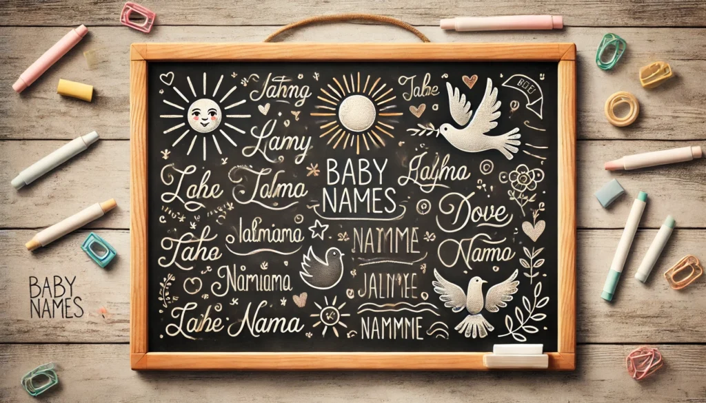 A digital illustration of a chalkboard featuring a list of unique baby names written in playful and elegant fonts. Surrounding the names are hand-drawn icons such as a sun symbolizing light, a dove representing peace, and a tree for nature. The chalkboard is styled with soft, inviting colors and minimalistic design elements, creating a visually appealing and easy-to-read layout