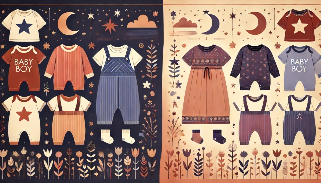 A split image showcasing two sets of baby outfits. On the left, bold and vibrant baby boy outfits in strong colors like navy and deep red with geometric designs. On the right, pastel-toned baby girl outfits in soft shades like lavender and peach, featuring floral and nature-inspired patterns. The background has subtle accents of stars and vines, creating a harmonious and inviting design.