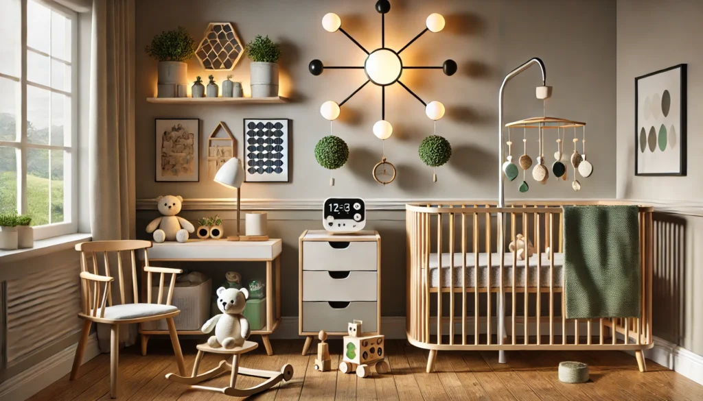 Alt text: A modern nursery featuring eco-friendly and tech-inspired elements, including a solar-powered night light emitting a warm glow, neatly arranged wooden toys on shelves, and a futuristic mobile above a minimalist crib. The room is designed with a clean, neutral color palette accented by soft greens and blues, creating a cozy and innovative atmosphere that reflects a balance of nature and technology