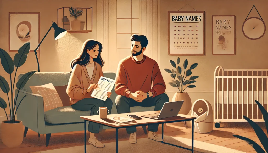 A warm and intimate illustration of parents sitting together in a cozy modern living room, discussing baby names. Baby name books, a laptop, and scattered notes are on the table, showing their engagement in the process. The room is lit by soft, natural light with modern decor, including touches of greenery, creating a welcoming and thoughtful atmosphere