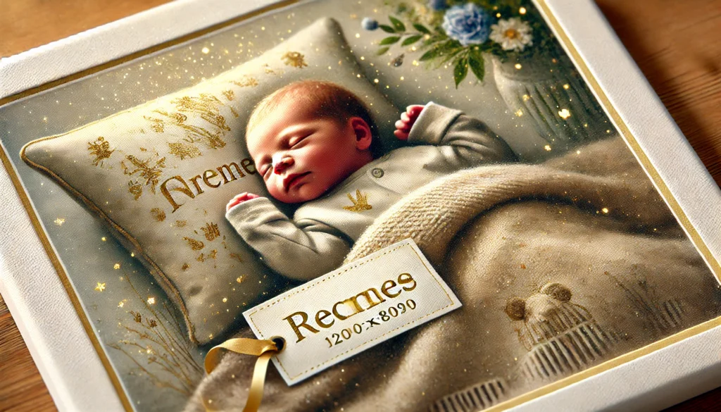 A close-up illustration of a newborn baby lying peacefully on a soft blanket, with a personalized name tag and a cozy pillow displaying the chosen name in elegant, playful font. The scene is illuminated by soft, warm light, creating a celebratory and intimate atmosphere that emphasizes the baby's unique identity