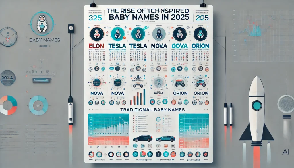 Infographic showing the rise of tech-inspired baby names like Elon and Tesla, and their connection to futuristic technologies.