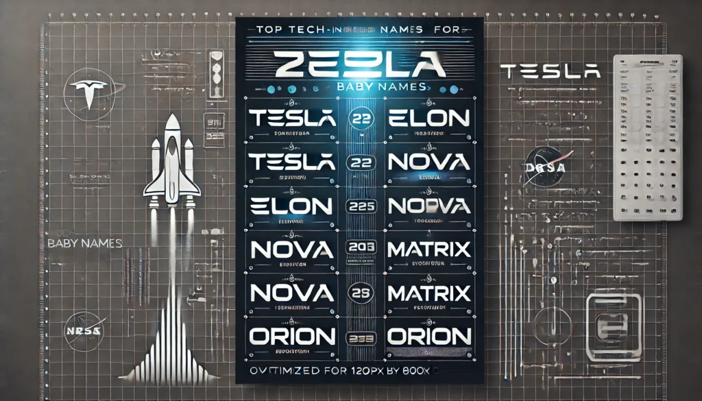 List of top tech-inspired baby names for 2025, including Tesla, Elon, Nova, and Orion, with futuristic design elements