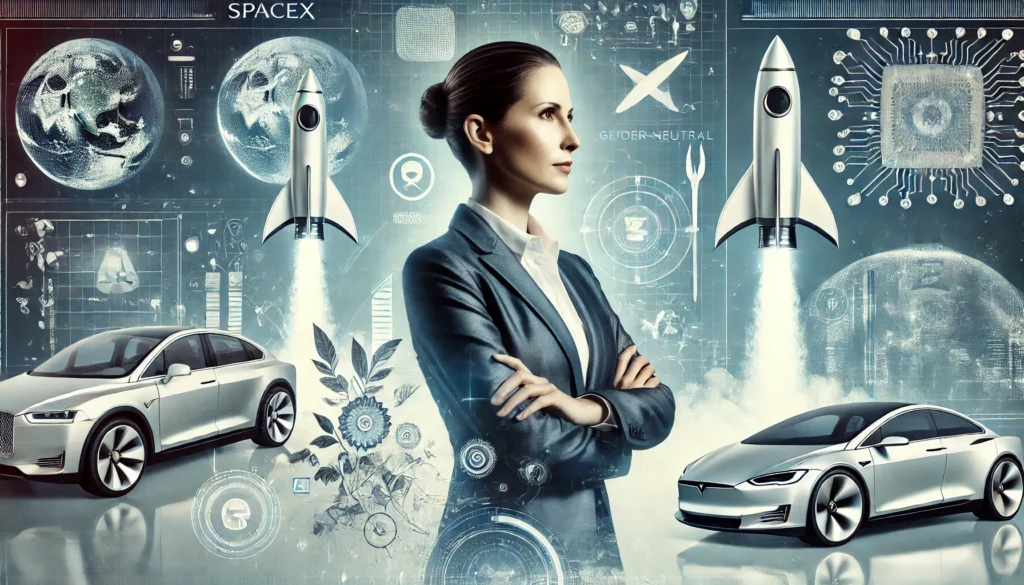 Conceptual image of a visionary tech leader with futuristic technology like rockets, electric cars, and digital symbols, symbolizing innovation and progress