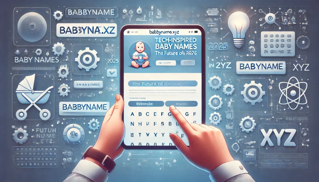 Parent holding a tablet displaying babbyname.xyz's article on tech-inspired baby names, surrounded by futuristic design elements like rockets and lightbulbs