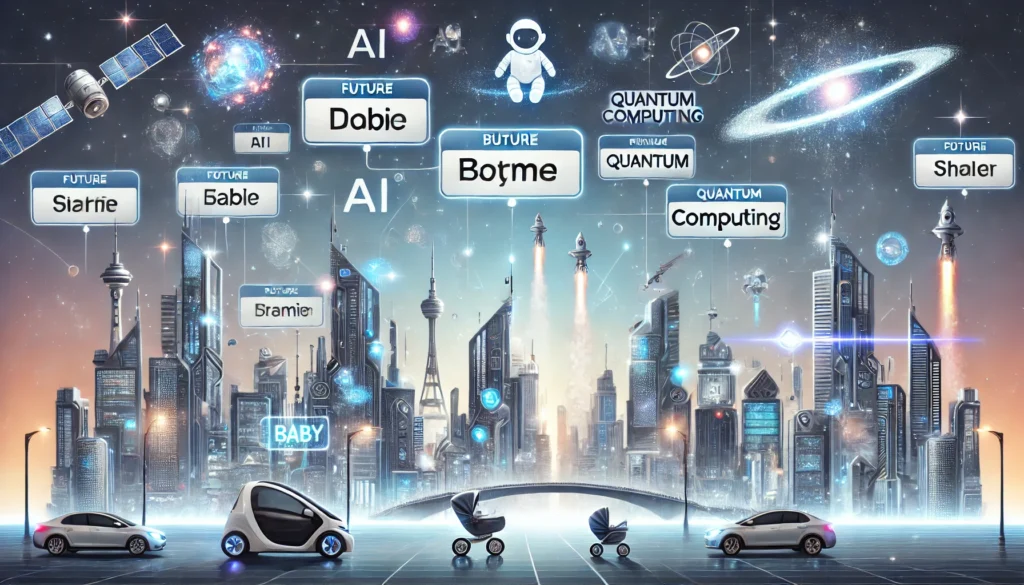 Futuristic city skyline symbolizing the future of baby names shaped by AI, space exploration, and technology
