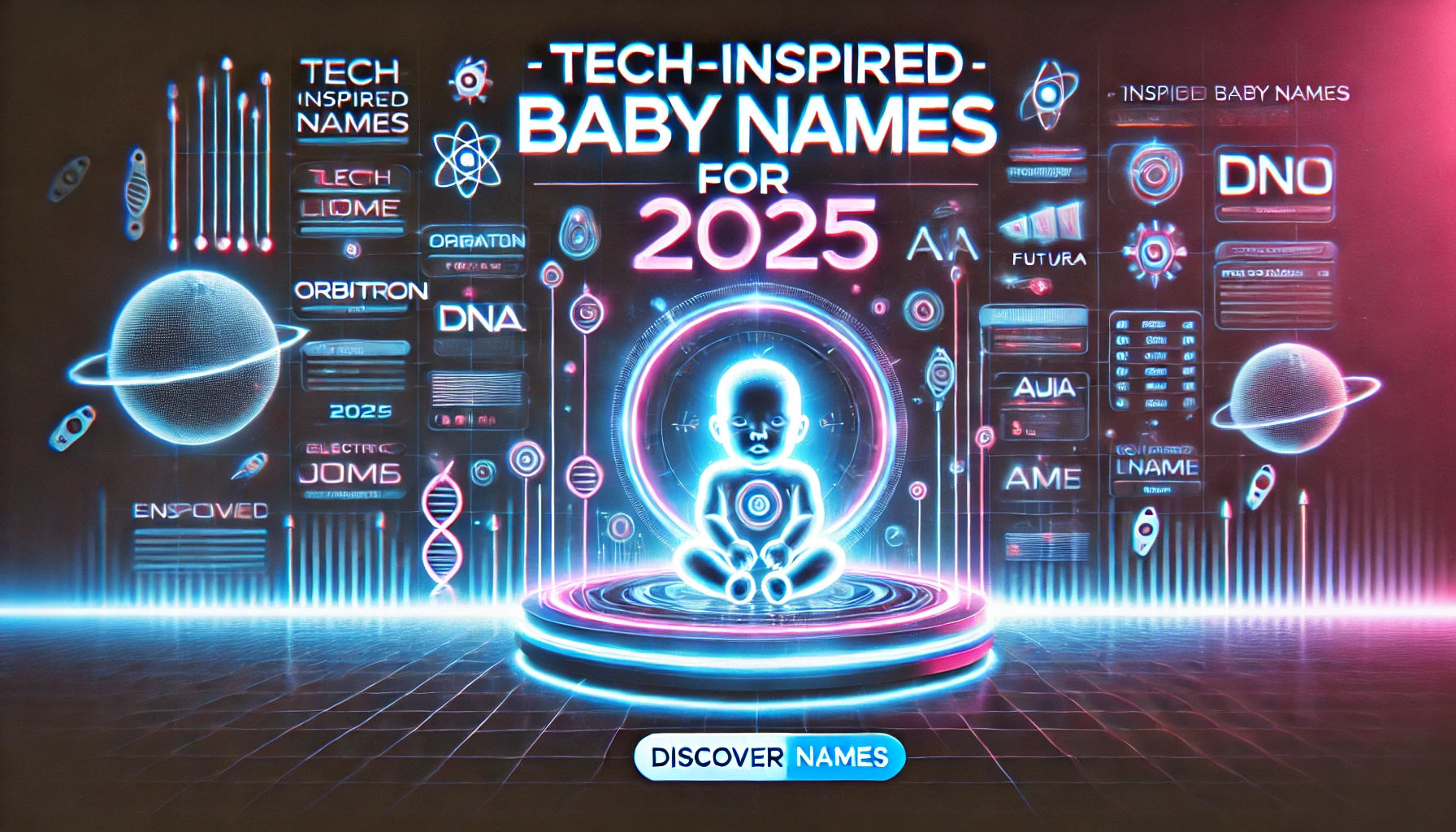 Enhanced thumbnail for 'Tech-Inspired Baby Names for 2025,' featuring a glowing baby on a futuristic platform with bold, glowing text highlighting the focus keyword, surrounded by DNA strands, AI icons, and space motifs.