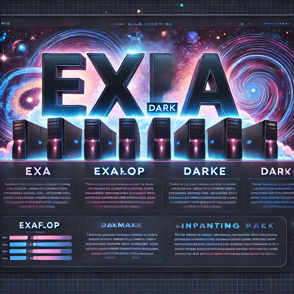 Infographic explaining the meaning of Exa Dark, with visual elements representing supercomputing power and dark matter, emphasizing the futuristic nature of the name