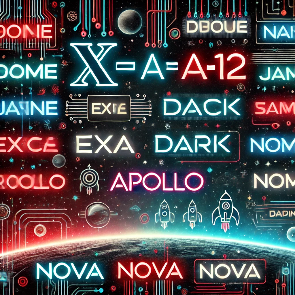 Unique baby names inspired by technology and space exploration, with names like X Æ A-12 and Exa Dark floating in a starry, futuristic background