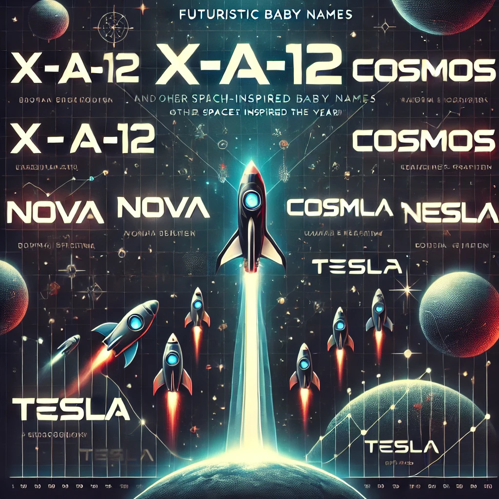 Image showing the trend of futuristic baby names, with names inspired by technology, space, and science like X Æ A-12, Nova, and Tesla, set against a cosmic background