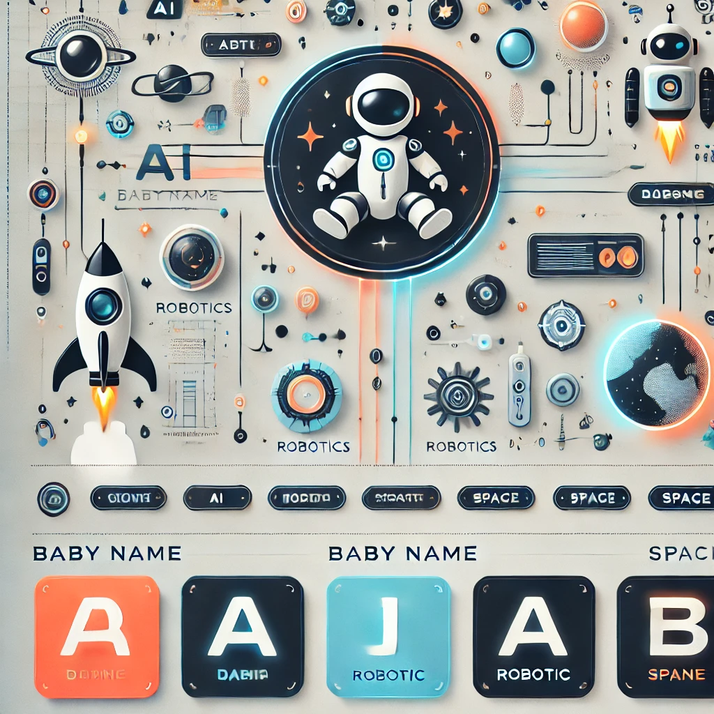 Infographic about high-tech baby name trends featuring AI, robotics, and space-themed icons