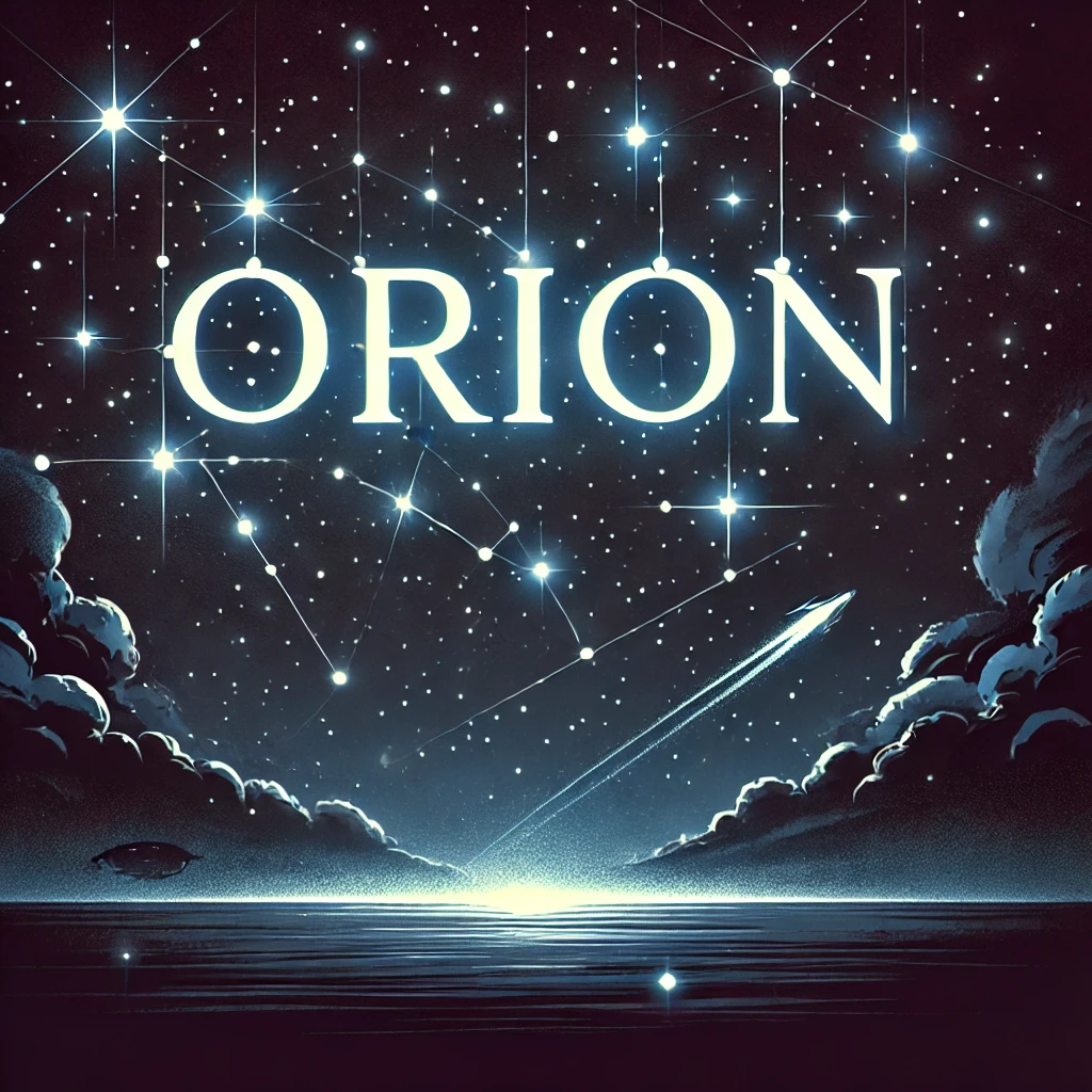 A starry night sky with a glowing constellation spelling 'Orion' and a sci-fi spaceship in the background
