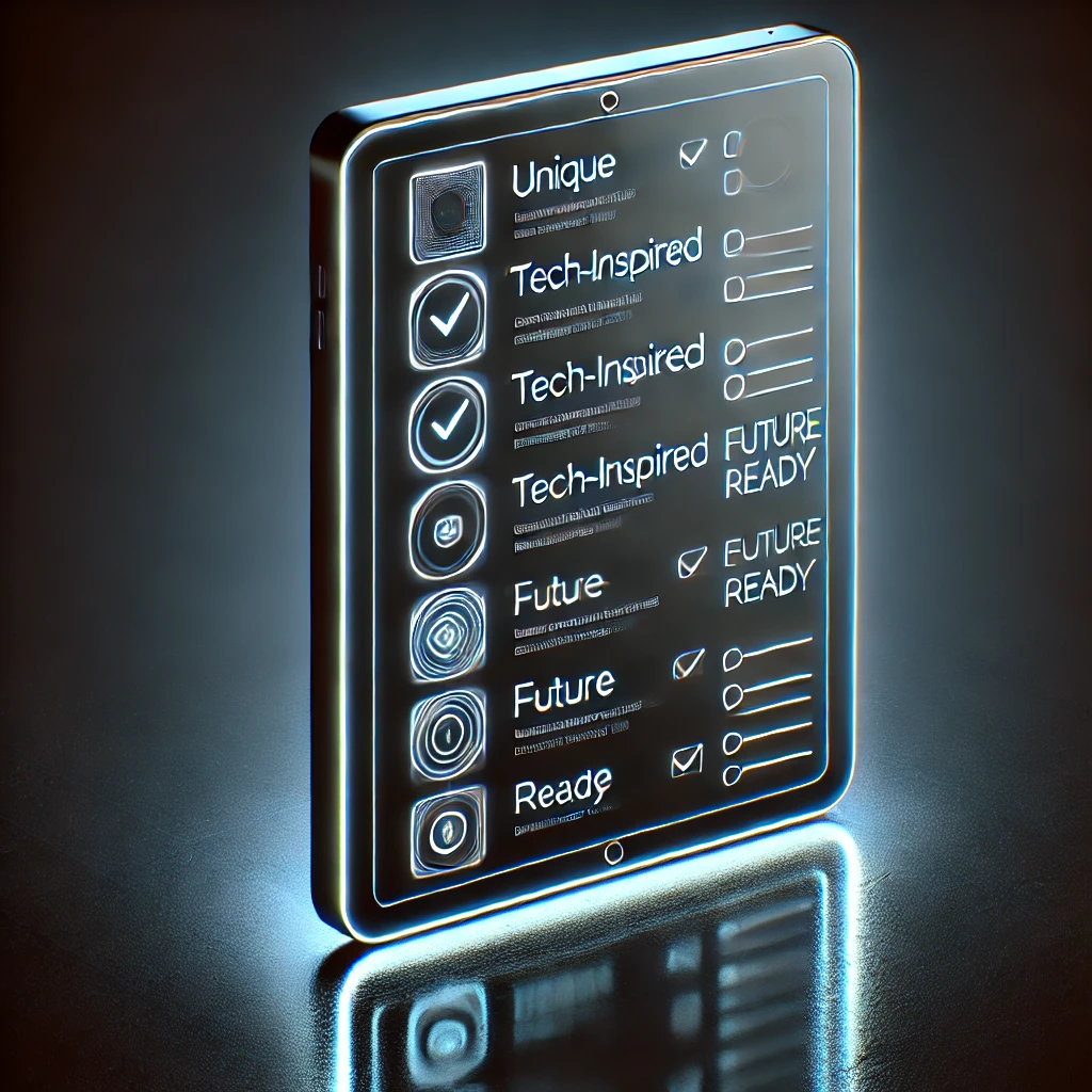 A futuristic tablet displaying a checklist for choosing high-tech baby names, with items like 'Unique' and 'Future-Ready.