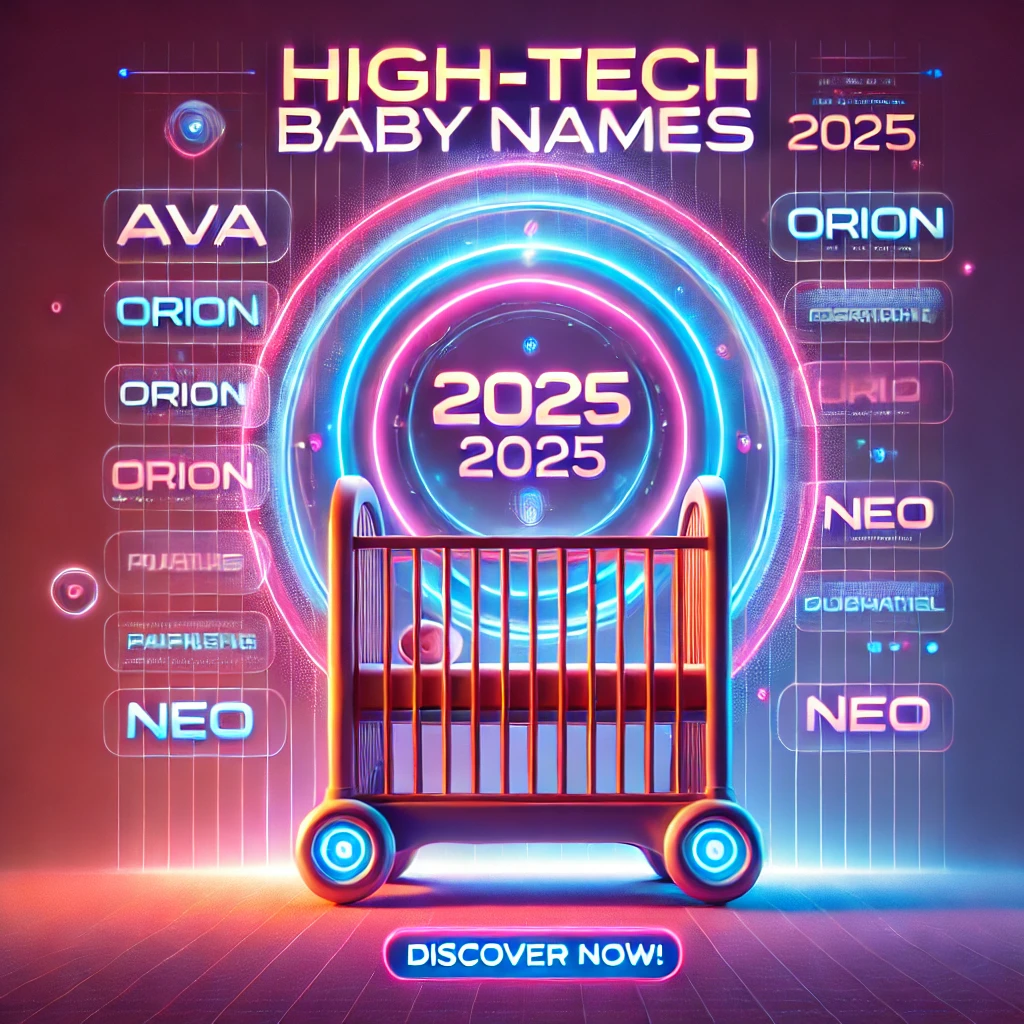 A futuristic baby crib with glowing neon lights, holographic baby names floating in the background, and bold text reading 'High-Tech Baby Names 2025