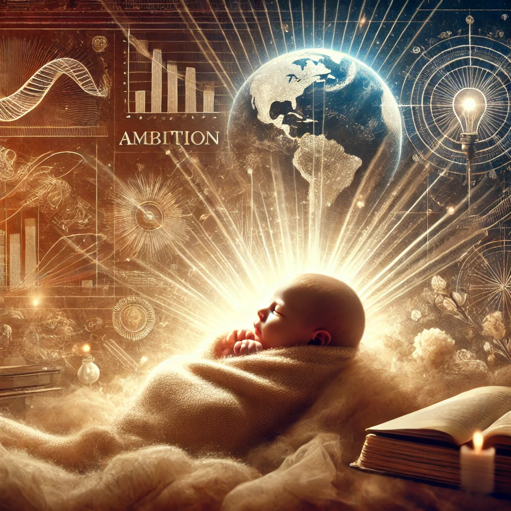 A newborn baby wrapped in a blanket, surrounded by symbols of ambition and hope such as books and a globe