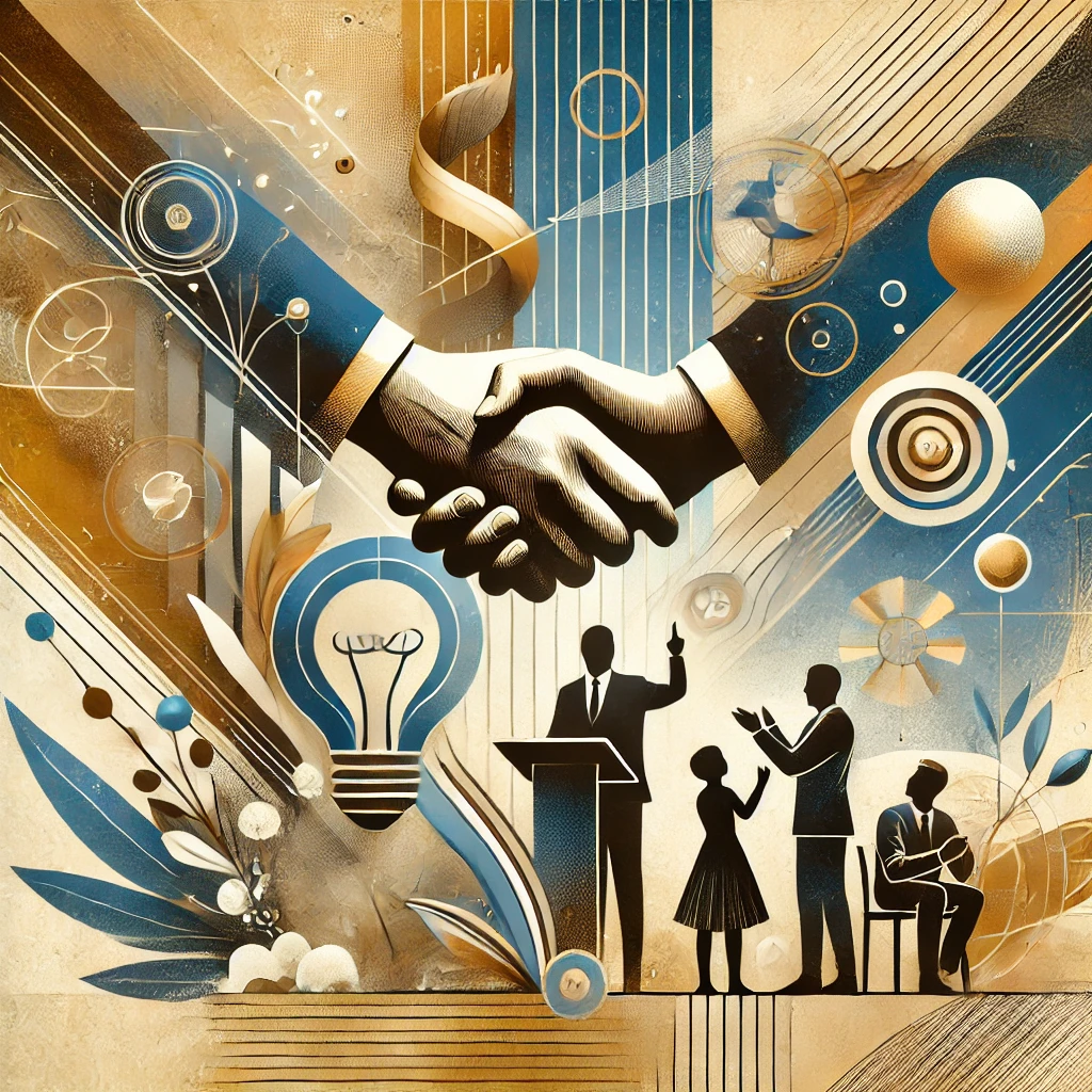 Collage of leadership symbols, including a handshake, a person giving a speech, and a family celebrating strength