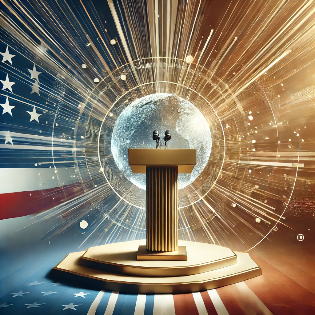 Abstract illustration of a podium with an American flag backdrop, symbolizing leadership and global influence