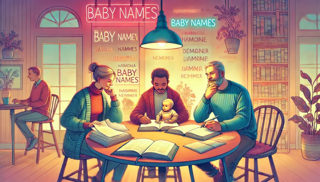 Parents brainstorming baby names at a table, symbolizing the thoughtful process of choosing a meaningful name