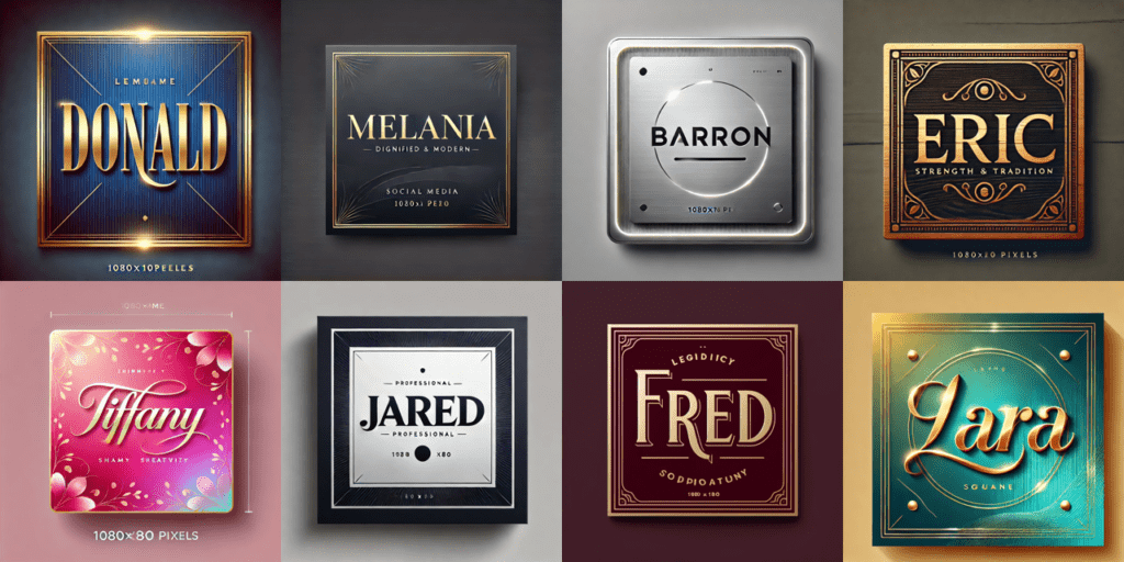 A visually striking collage of elegant name card designs featuring bold and sophisticated themes for names such as Donald, Ivanka, Melania, Barron, Eric, Tiffany, Jared, Fred, Lara, and Trey. Each card showcases unique colors, typography, and styles symbolizing power, grace, innovation, and personalit